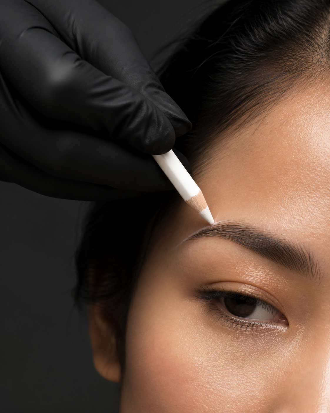 Editorial close-up of precise eyebrow mapping for permanent makeup artistry