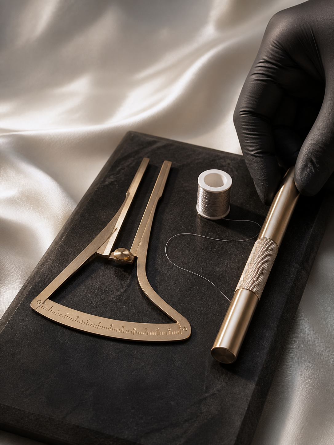 Editorial still of permanent makeup measuring tools, mapping thread, and a gloved hand