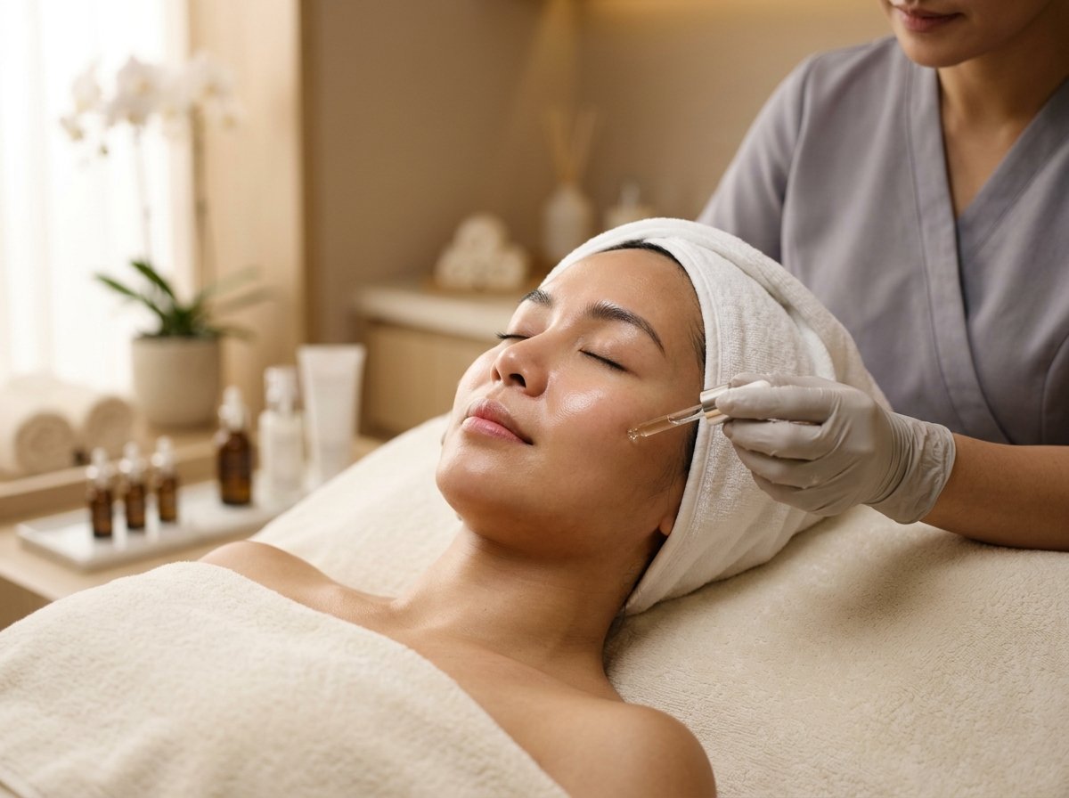 Facial treatment station prepared with serums and clean linens