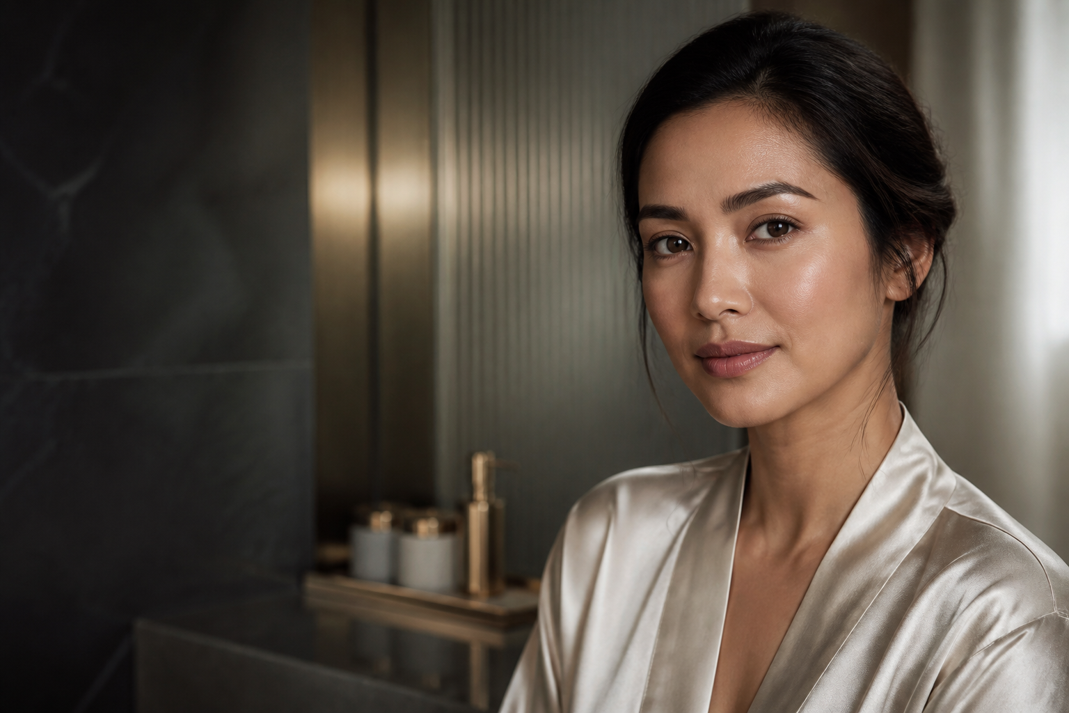 Editorial beauty portrait of a Filipina woman with natural skin and refined brows